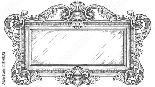 Ornate vintage mirror frame with floral scrollwork and shell design on white background