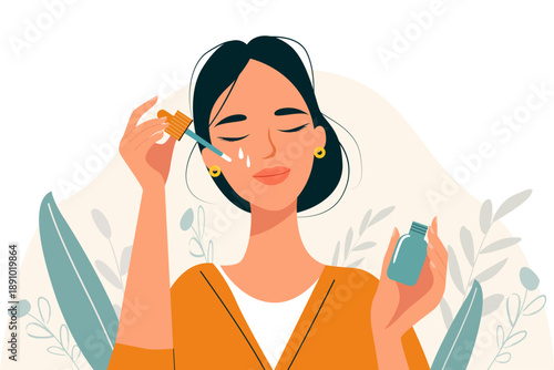 Facial skin care. Women's beauty and health. Woman applying rejuvenating facial serum. Facial oil. Vector illustration of skincare and cosmetic procedures.