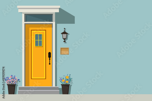 House front door decorated with plants, a lantern, and a doorbell. Vector illustration of a wooden front door from the outside.
