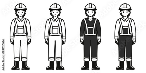 Vector flat illustration set of line art female and male offshore oil rig workers in uniform poses