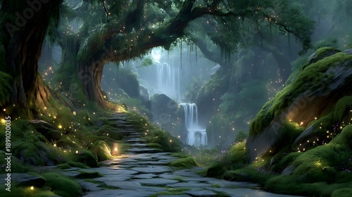 Enchanted Forest Path Winding Through Ancient Trees with Magical Light waterfall in the forest
