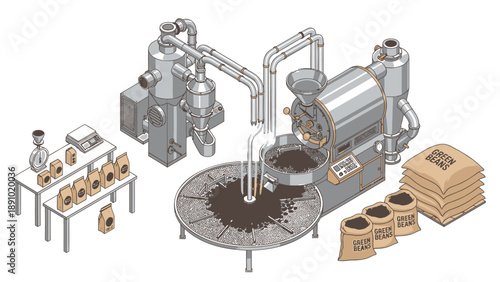 Industrial coffee roasting machine with bags and beans on a table in a factory setting