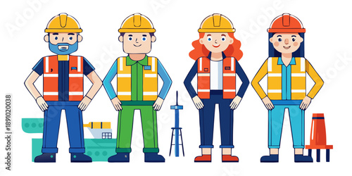 Vector flat illustration set of line art female and male offshore oil rig workers in uniform poses