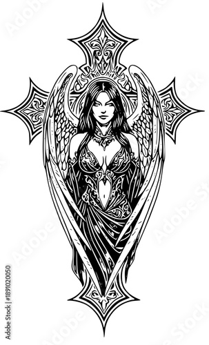 Mysterious angel woman with intricate wings and ornate design
