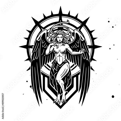 Mysterious winged woman with horns in black and white