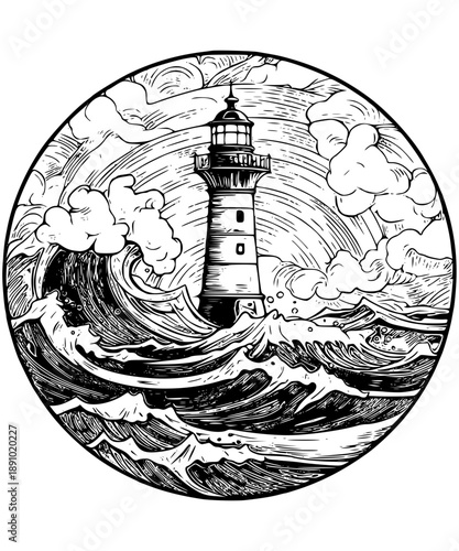Dramatic lighthouse standing tall amidst turbulent ocean waves and stormy weather