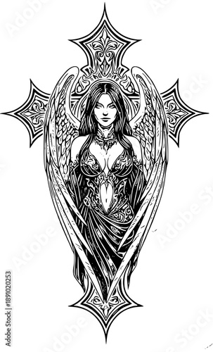 Mysterious angelic woman with ornate wings and halo design