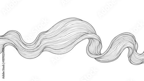 Wavy flowing black and white abstract line art design element on white background with smooth curves and elegant shading