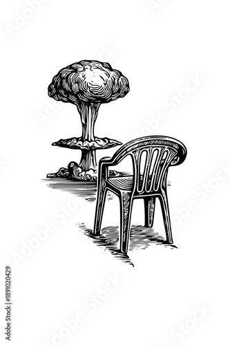 Empty chair before mushroom cloud explosion illustration