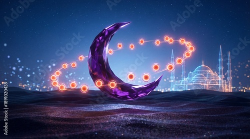 3D Purple Crescent Moon with Mosque Wireframe over Desert Night