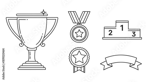 Awards and recognition symbols including trophy medals podium and ribbon on white background for business achievement and success