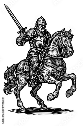 Medieval knight in armor riding horse with sword raised high