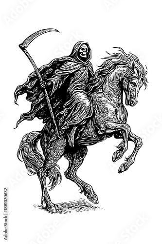 The Grim Reaper rides a dark horse with a scythe in hand