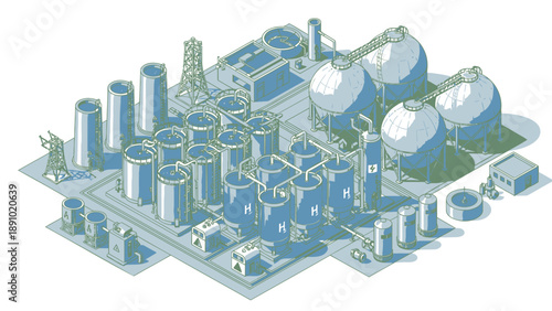 Industrial factory complex with multiple cylindrical tanks and buildings on a large site