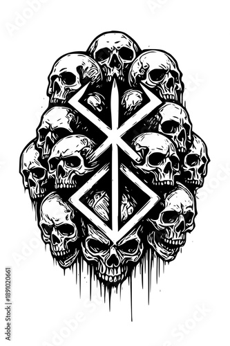 Dark skulls arranged in circle with geometric symbol