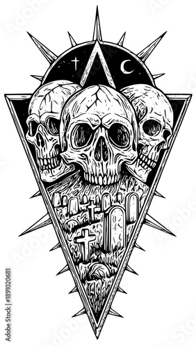Dark skulls in triangle with spiky aura and graveyard scene