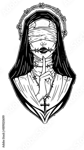 Blindfolded nun with thorns and cross symbolizing secrecy and faith