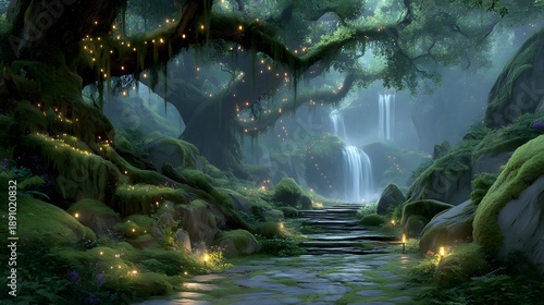 Mystical Woodland Trail Through Ancient Trees and Lush Green Forest small waterfall in the forest