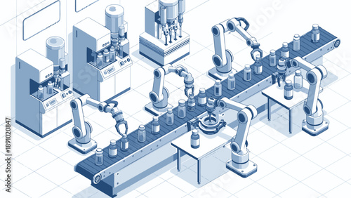 Industrial robotic assembly line with multiple automated machines and conveyor belt in a factory