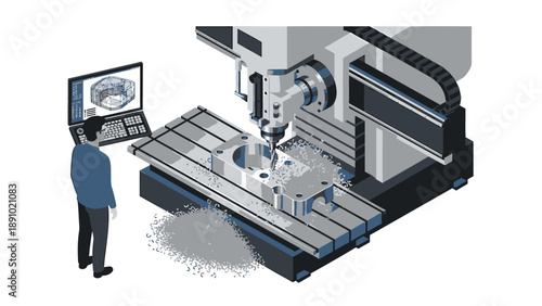 Man operates cnc milling machine with computer screen showing design