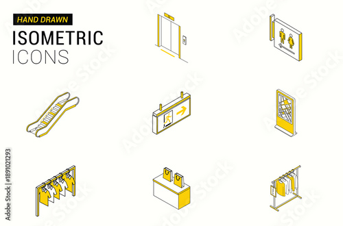 Isometric Shopping Mall and Retail Facility Icons – Hand-Drawn Fashion 