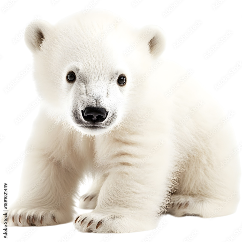 Obraz premium Cute baby polar bear lying isolated on transparent background. Adorable wildlife cub symbolizing innocence, Arctic nature and tenderness.