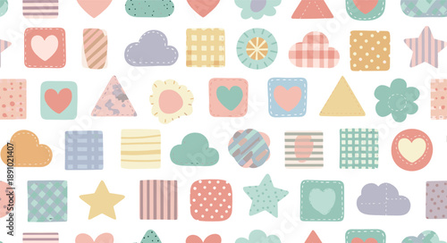 Cute pastel geometric pattern vector set with hearts, clouds, stars, circles, stripes, dots, and soft decorative scrapbook elements