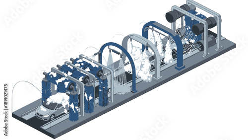 Industrial robotic assembly line with blue and silver machinery on a gray platform