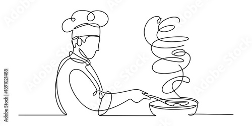 Single continuous line drawing of a professional chef preparing food in a pot Vector, illustration