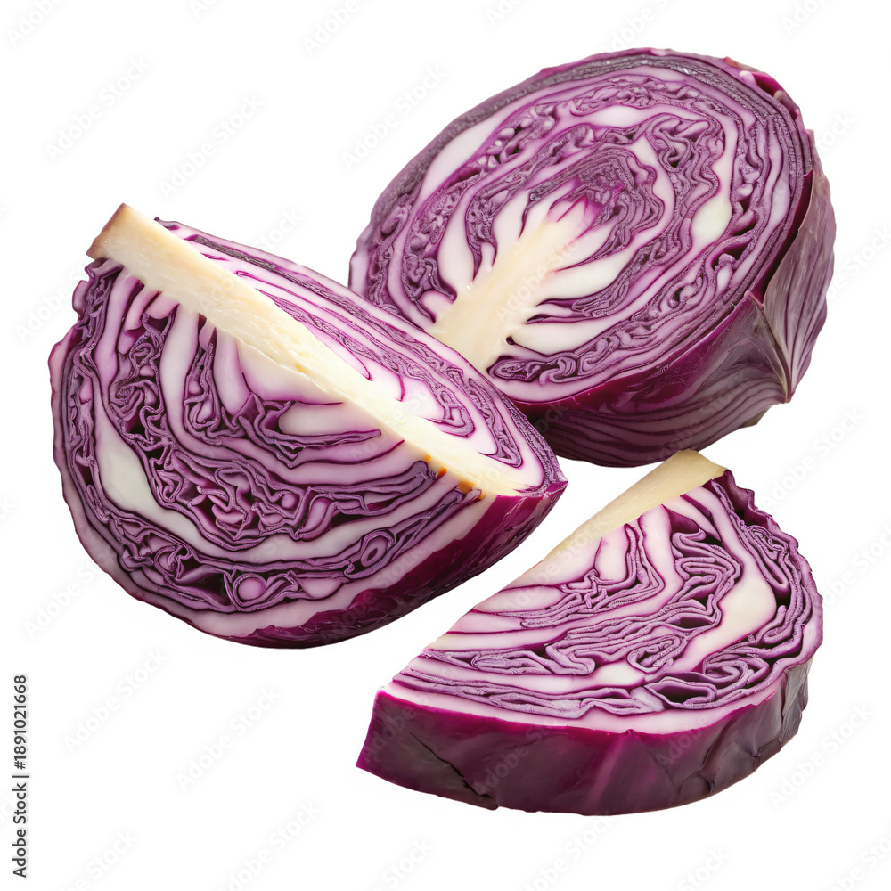 Fototapeta premium Vibrant red cabbage slices with intricate white patterns