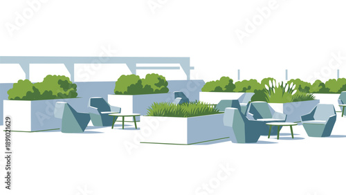 Modern rooftop garden with green planters and comfortable seating area for relaxation