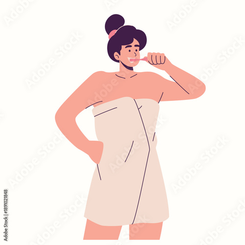woman brushing teeth after shower illustration