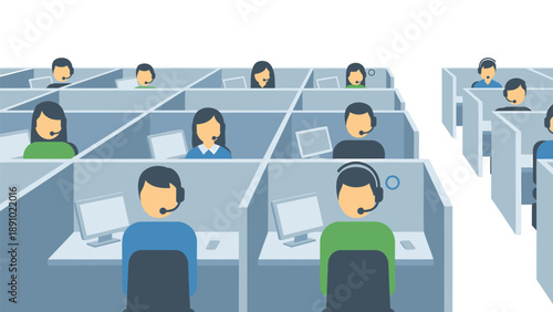 Customer service representatives work at computer desks in a call center office cubicle