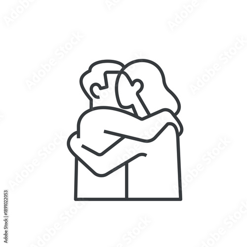 Minimal line vector icon showing a male and female couple hugging, symbolizing love, intimacy, affection, romance, dating, and romantic relationships. Web and mobile design. Editable stroke. Vector