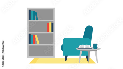 Cozy living room scene with teal armchair bookshelf and coffee table on yellow rug perfect for relaxation and reading in a calm