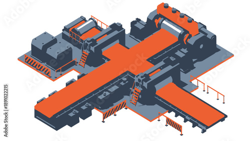 Isometric industrial facility with orange and gray conveyor belts and machinery