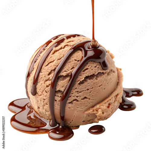 Delicious scoop of caramel ice cream with chocolate sauce