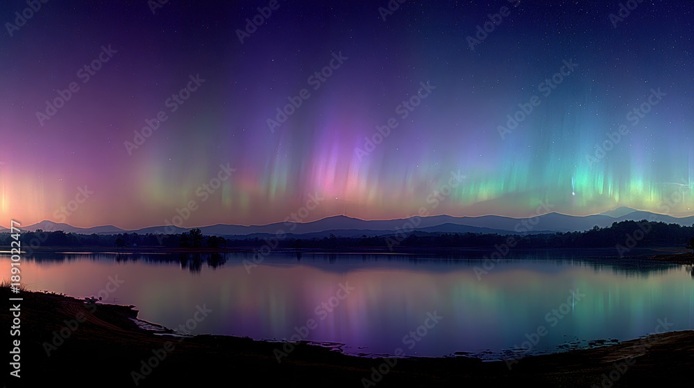Obraz premium Aurora Borealis Colors Dance Over Tranquil Lake Landscape At Night Sky