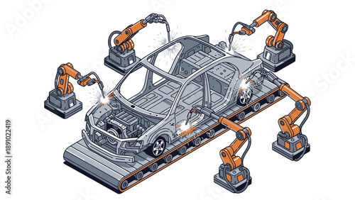 Robotic arms assembling a car chassis on an automated production line with precision engineering and industrial machinery in a modern