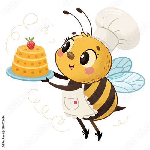 Cute bee chef presenting delicious cake with strawberry