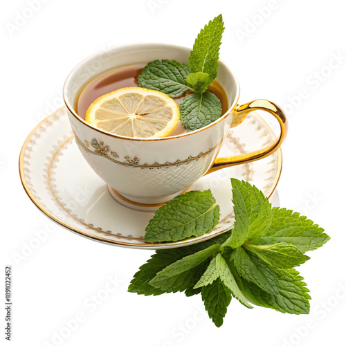 Elegant tea cup with lemon and mint leaves on saucer