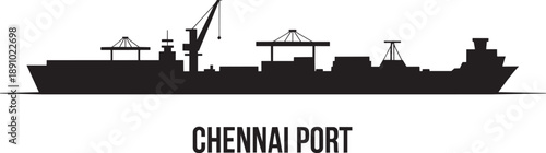 Chennai port silhouette vector with cargo ship and terminal cranes for maritime logistics design