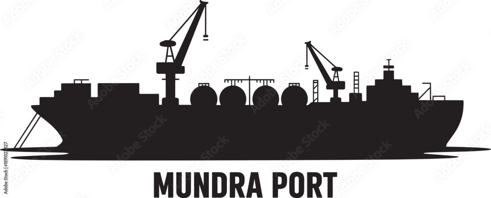 Obraz premium Industrial silhouette of mundra port featuring cargo ship and heavy duty harbor crane systems