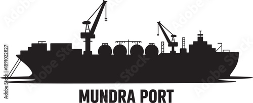 Industrial silhouette of mundra port featuring cargo ship and heavy duty harbor crane systems