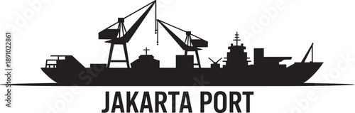 Jakarta port silhouette illustration with commercial cargo vessel and tall industrial cranes