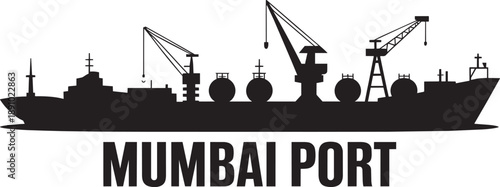 Mumbai port landscape with ships, cargo containers, cranes, and port infrastructure elements