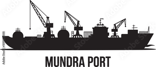 Mundra port landscape with ships, cargo containers, cranes, and port infrastructure elements