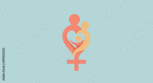 Stylized human figures forming heart with female symbol background