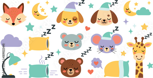 Cute sleeping animals vector set with fox, dog, bear, mouse, giraffe, pillows, moons, stars, clouds, and adorable bedtime cartoon characters