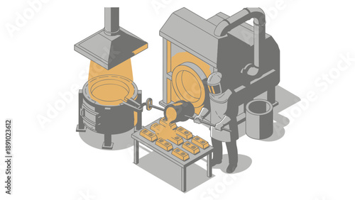 Industrial worker operating large machinery with yellow interior in a factory setting with equipment